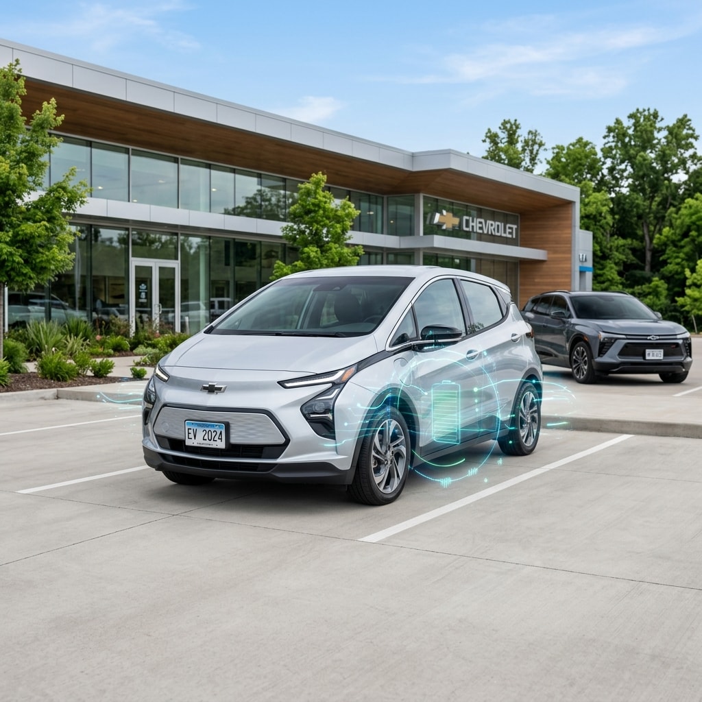 new chevy bolt in front of dealership angle