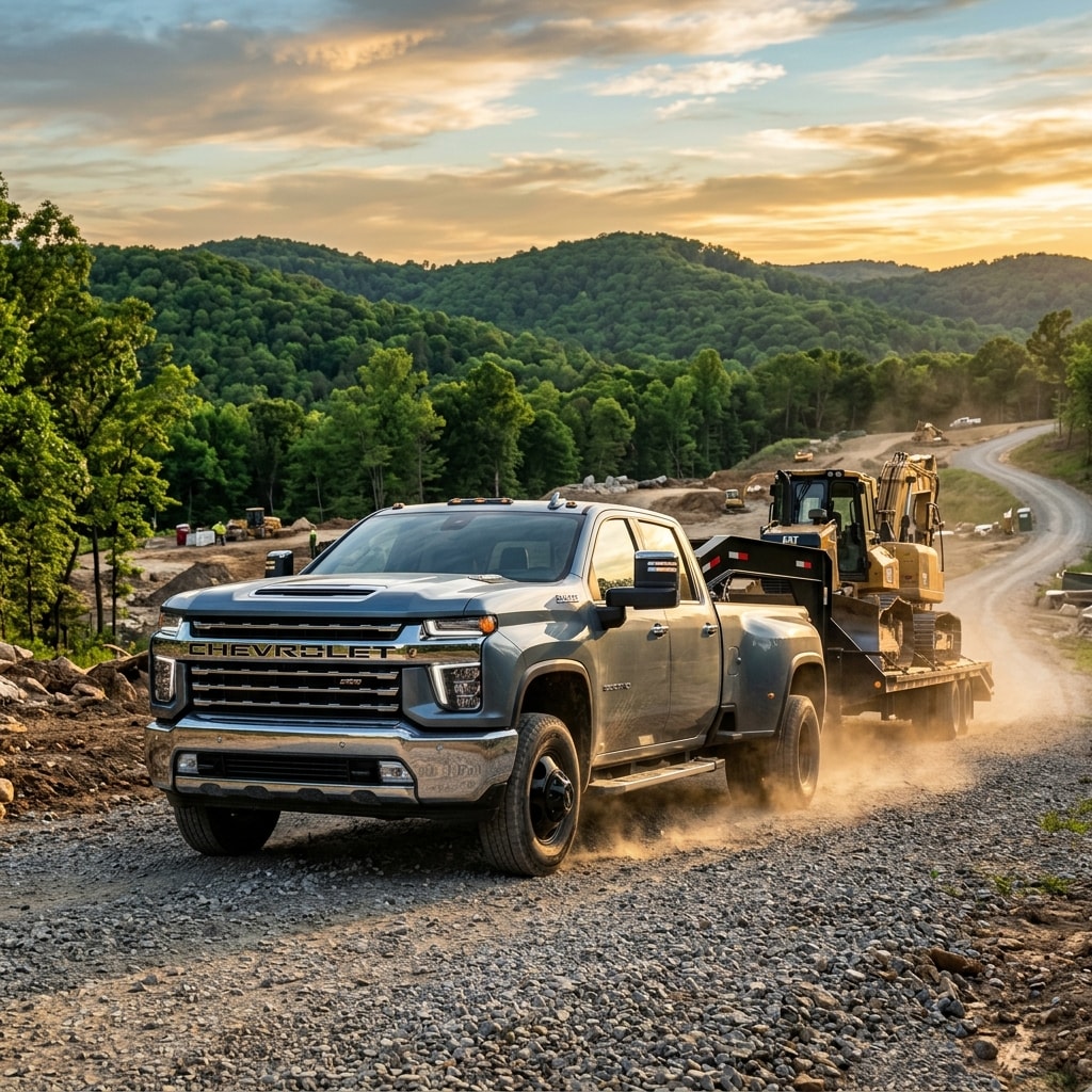 Chevrolet Silverado 3500HD dually pickup truck pulling a massive heavy-duty gooseneck trailer