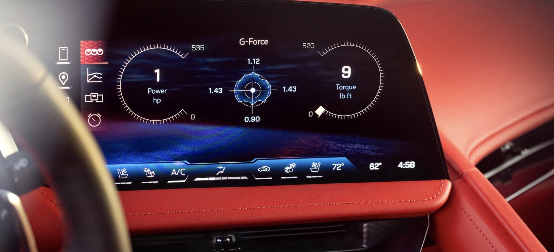 2027 Chevrolet Corvette Grand Sport digital instrument cluster showing g-force, power and torque gauges in a red interior