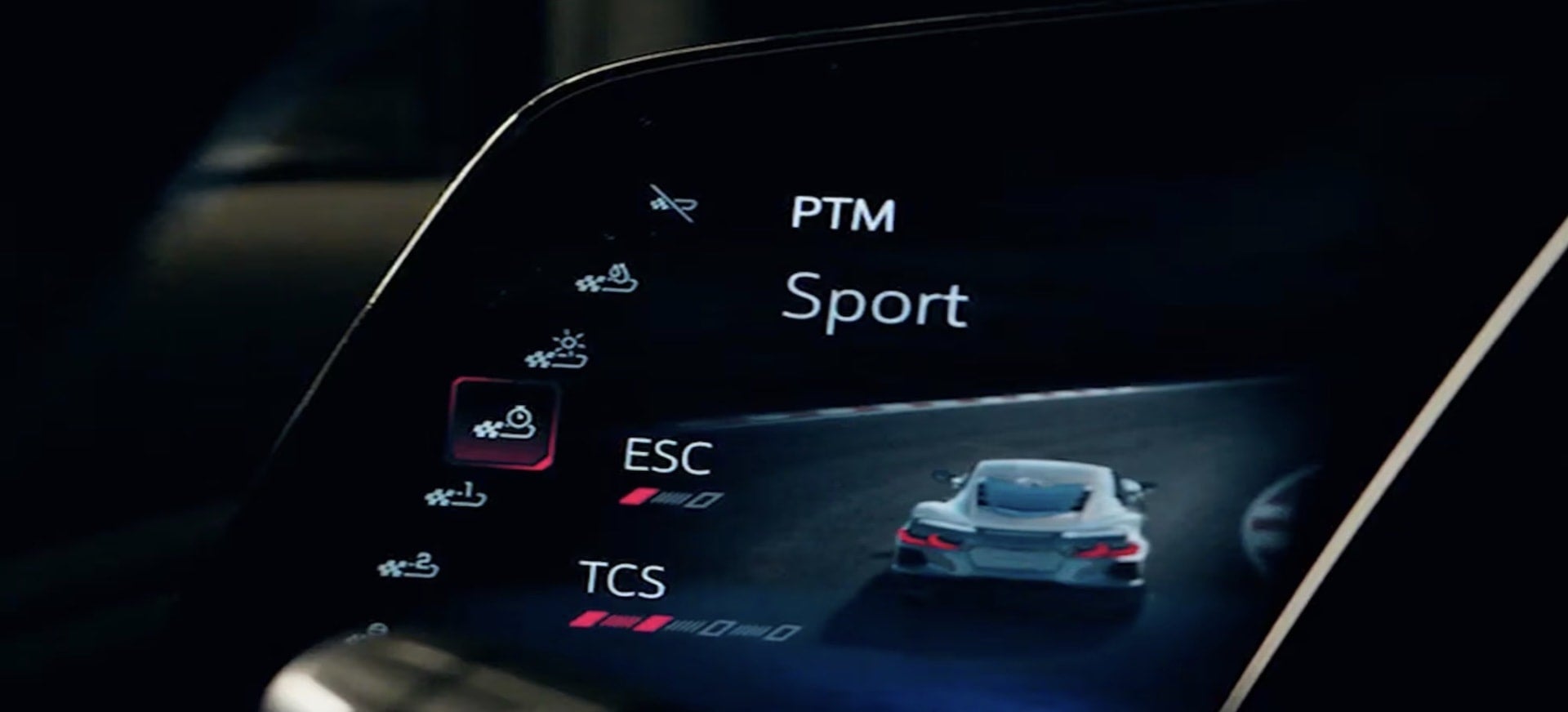 2027 Chevrolet Corvette Grand Sport digital display showing Performance Traction Management sport mode with ESC and TCS settings