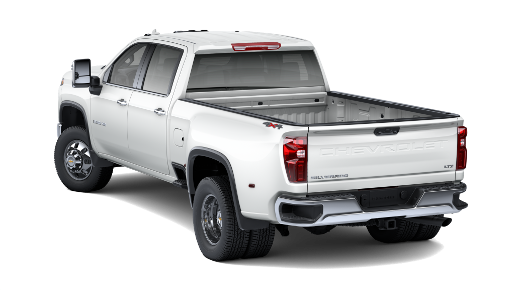 2026 Chevrolet Silverado 3500HD LTZ dually in white, rear three-quarter view