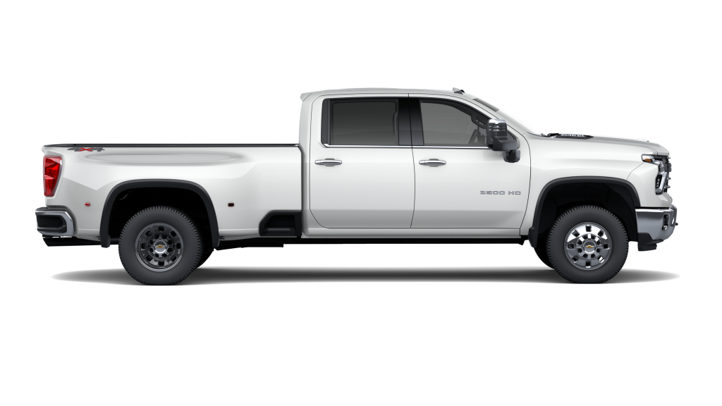 2026 Chevrolet Silverado 3500HD dually in white, side view showing the dual rear wheels